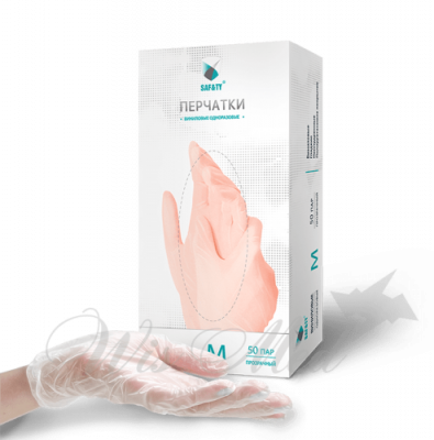 SAFETY Перчатки виниловые размер M Прозрачные 100 шт./уп.