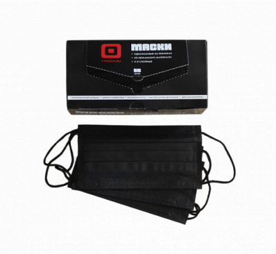 Маска 3-х слойная на резинках ONE TOUCH Черная 50 шт./коробка 05-015